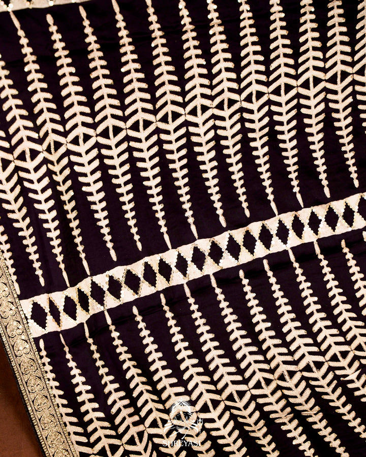 Handloom Pure Modal Silk Ajrakh Hand Block Printed Saree with Natural Dyes, All Over Aari Embroidery & Embroidered Borders