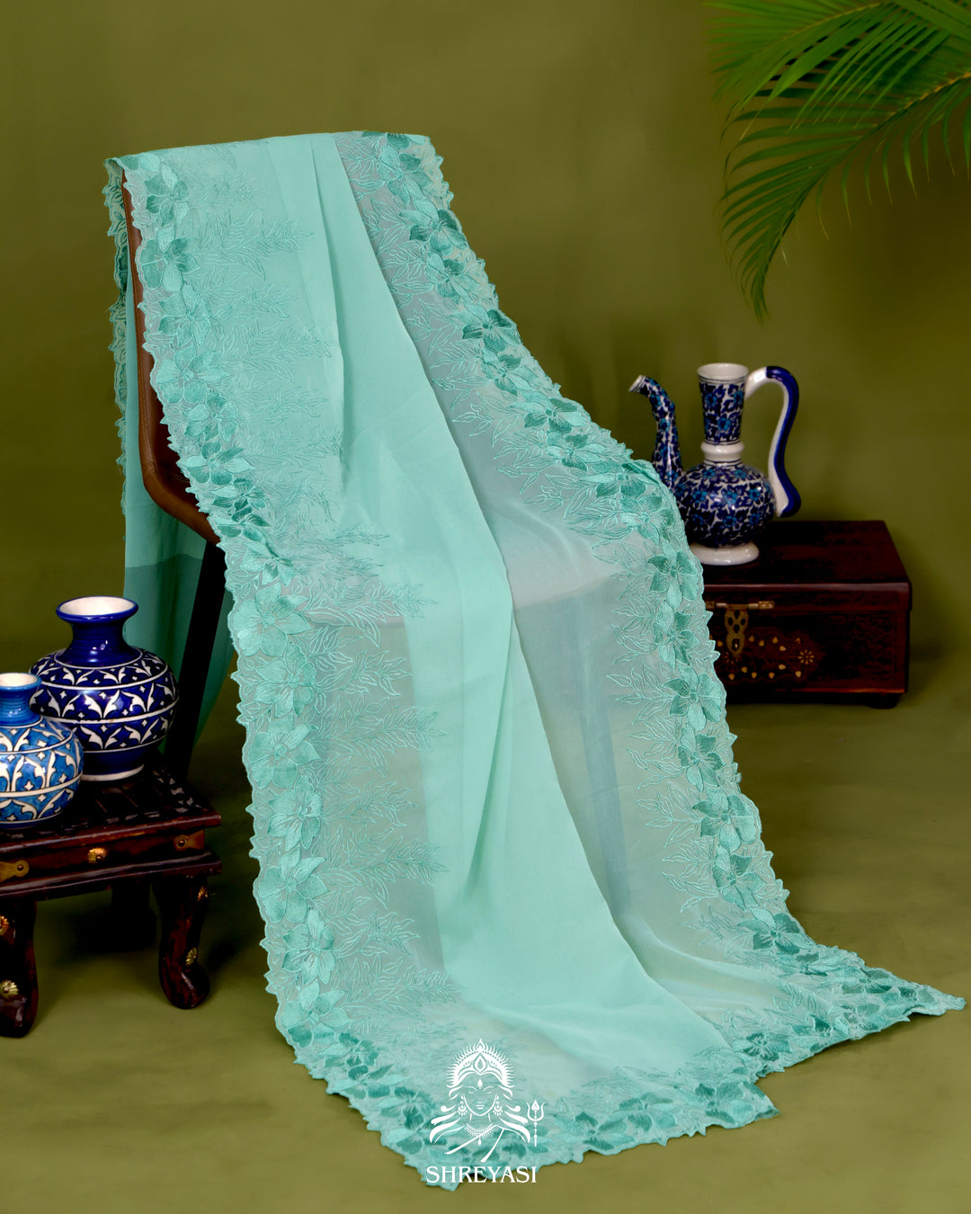 Soft Georgette Saree with Floral Thread Embroidery Border