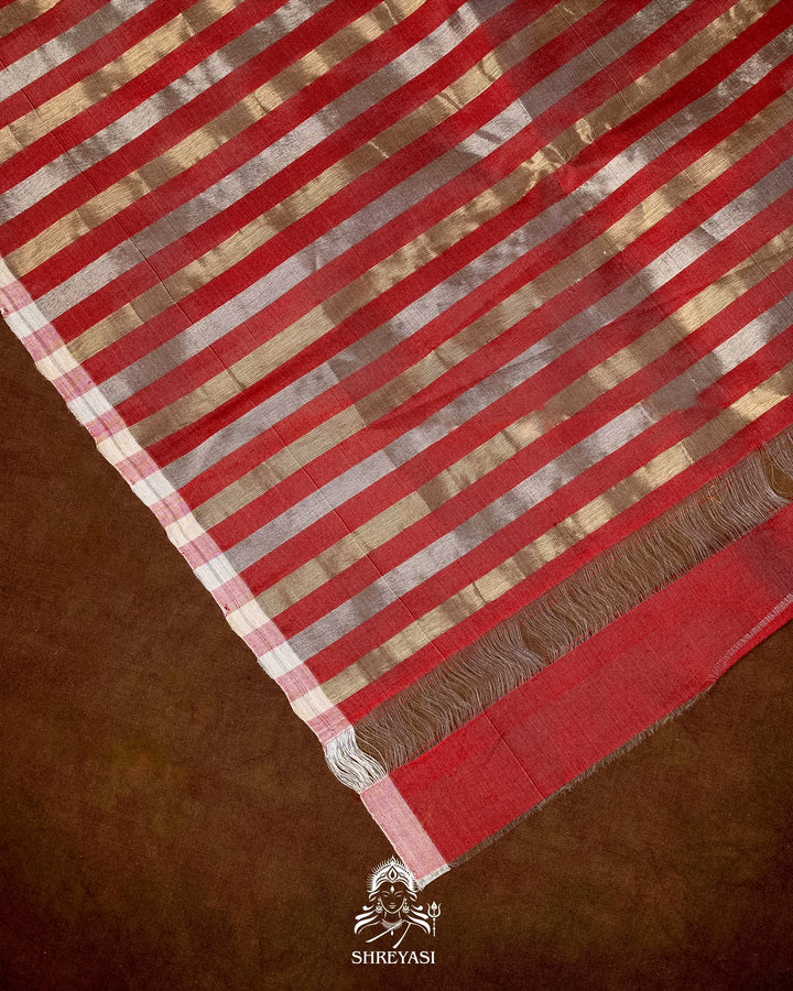 Handloom Pure Chanderi Tissue Silk Saree with Woven Bhutis and Striped Blouse