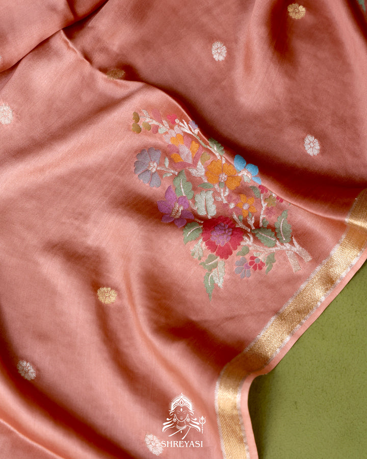 Handloom Pure Mashru Silk Saree with Sona Rupa Meenakari Bhutis and Nakshi Pallu