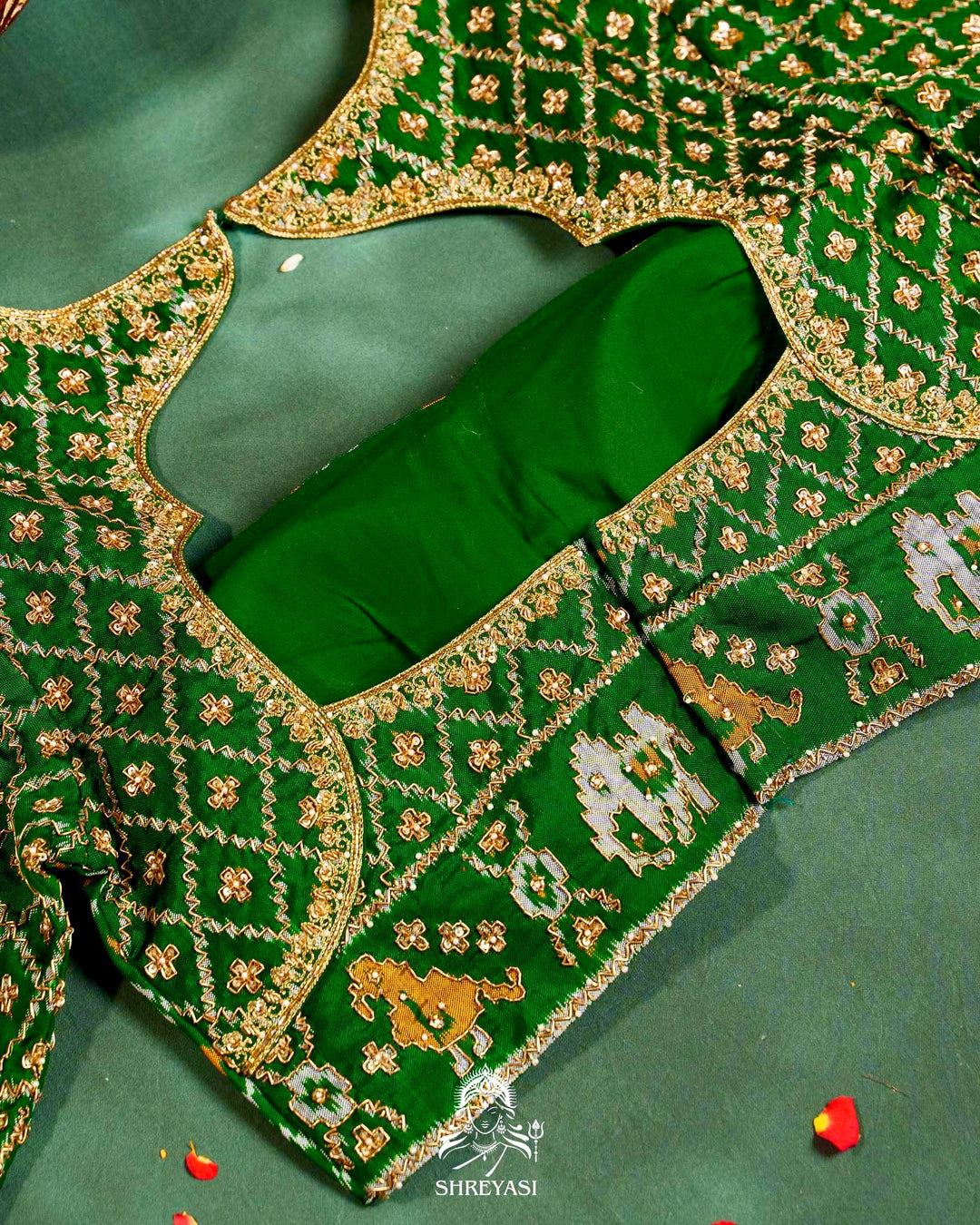Handloom Pure Single Ikat Rajkot Patola Silk Blouse with Rich Hand Embroidery