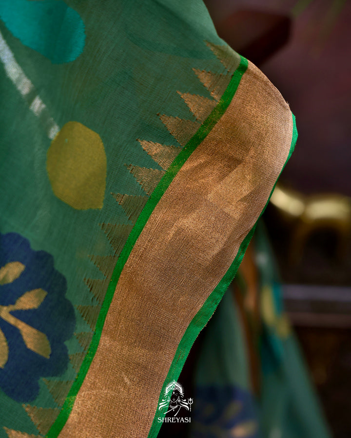 Handwoven Pure Ponduru Khadi Jamdani Saree with All-Over Peacock Vine Weave