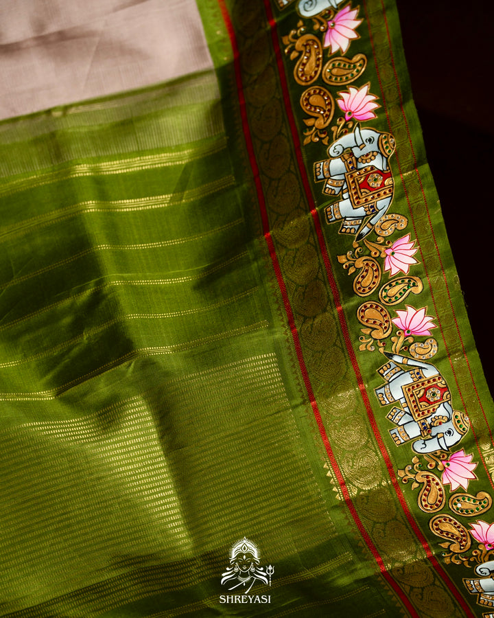 Traditional Tanjore Painting on Handloom Pure Kanjivaram Silk Sarees with Real Zari