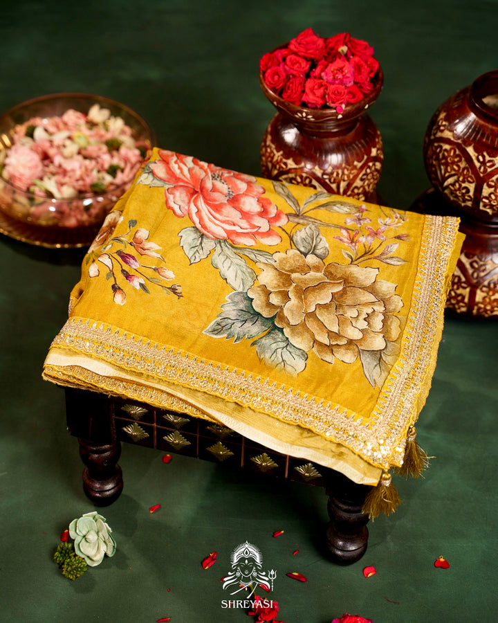 Floral Crepe Chiffon Saree with Embroidered Borders