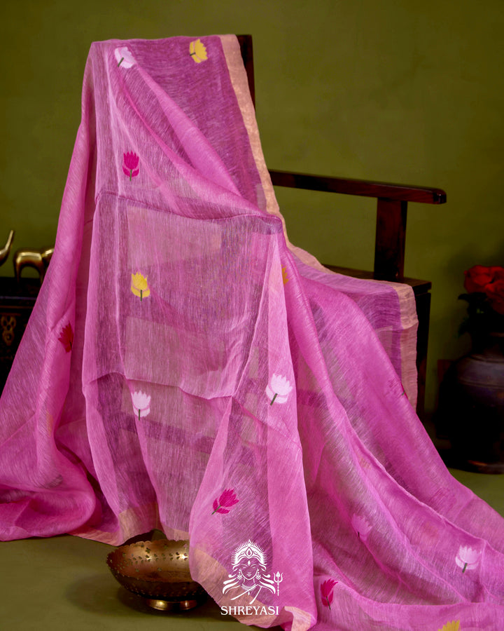 Handloom Silk Linen Jamdani Saree with Tissue Paithani Pallu