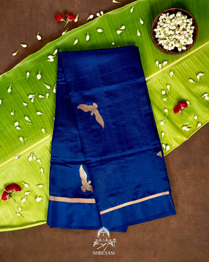 Handloom Pure Chanderi Pattu Silk Saree in Cobalt Blue with Bird Motifs