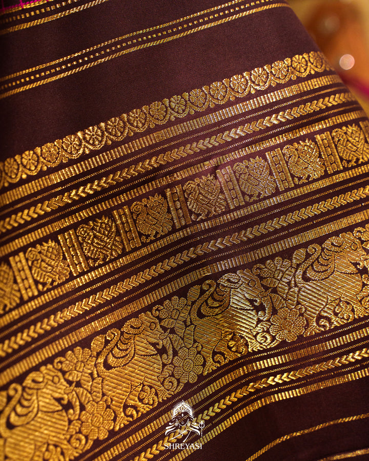Vintage Style Kanjivaram Silk Saree with Kattam Checks & Small Borders