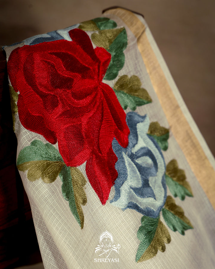Handloom Pure Silk Kota Saree with Resham Floral Embroidery