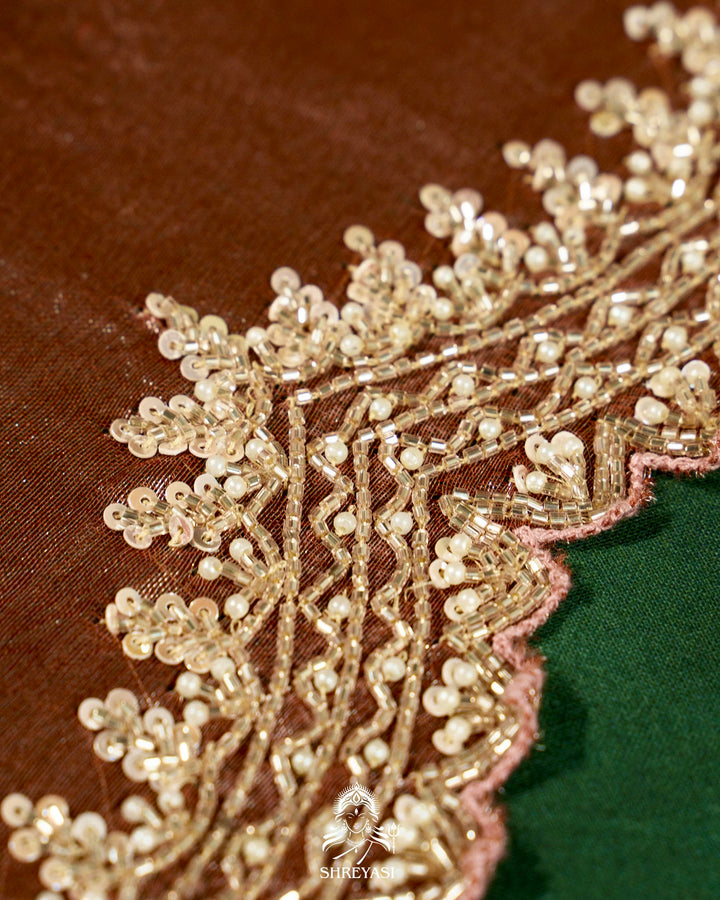 Handloom Pure Banarasi Tissue Silk Saree with Scallop Hand Embroidered Borders and Petit Point Embroidered Blouse