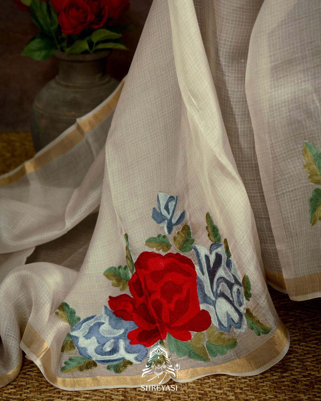 Handloom Pure Silk Kota Saree with Resham Floral Embroidery