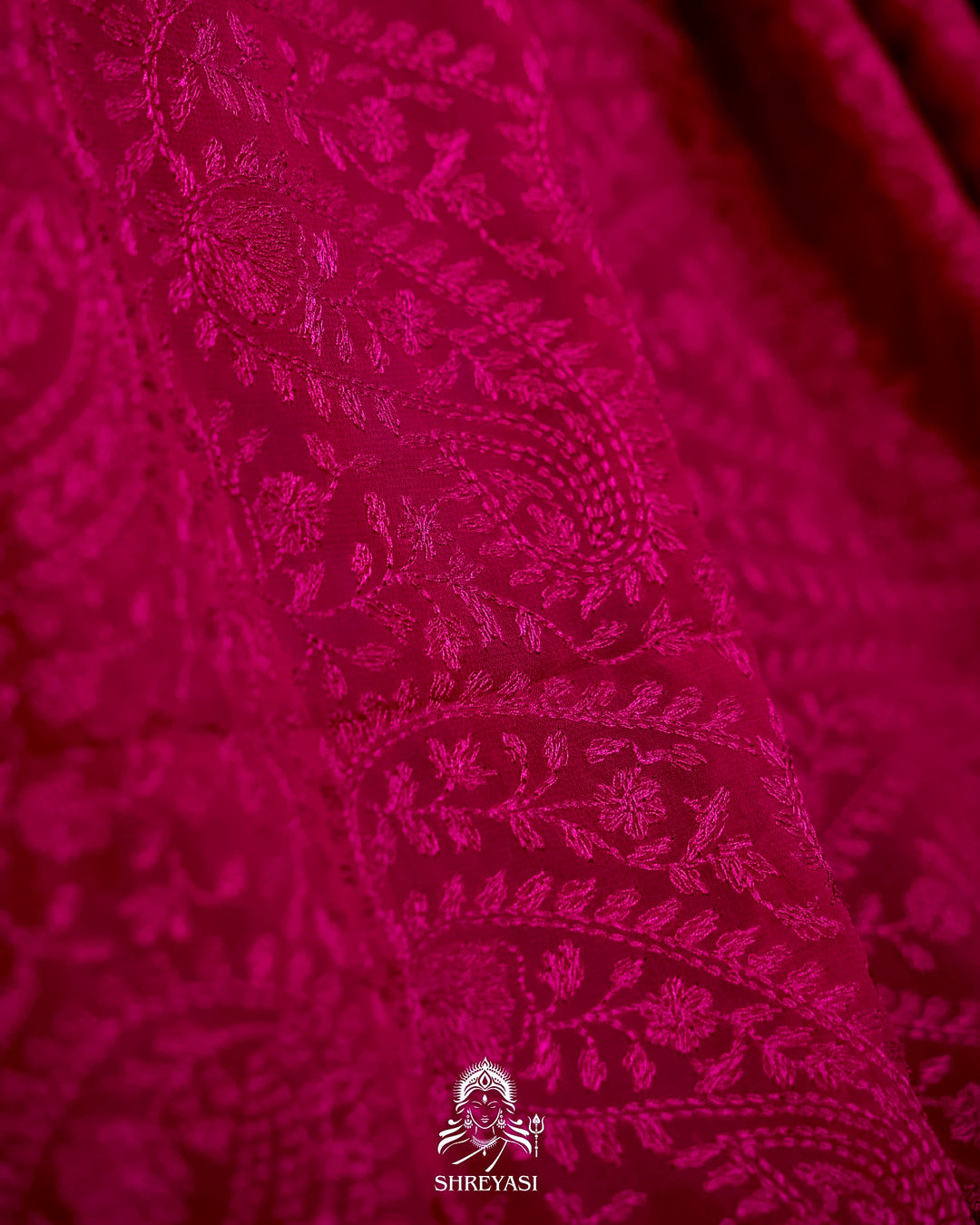 Premium Pure Georgette Chikankari Saree in Jewel Magenta with Embroidered Floral Borders