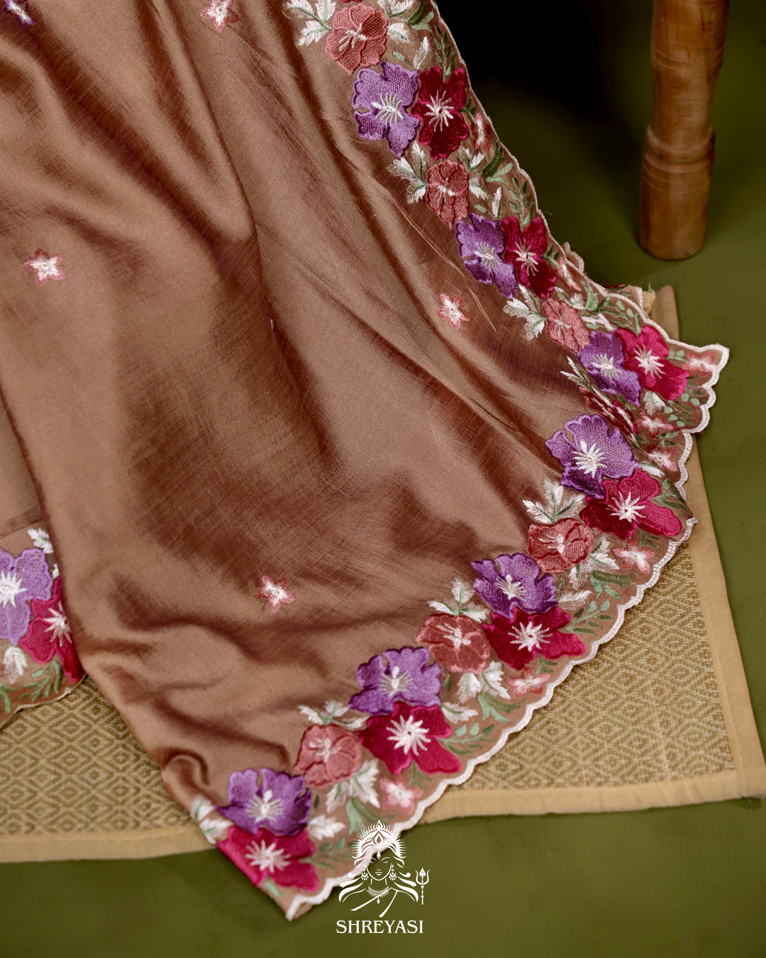 Tussar Silk Saree with Resham Floral Embroidery Border