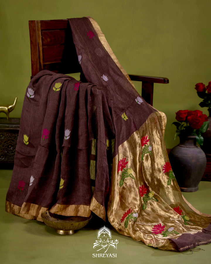 Handloom Silk Linen Jamdani Saree with Tissue Paithani Pallu