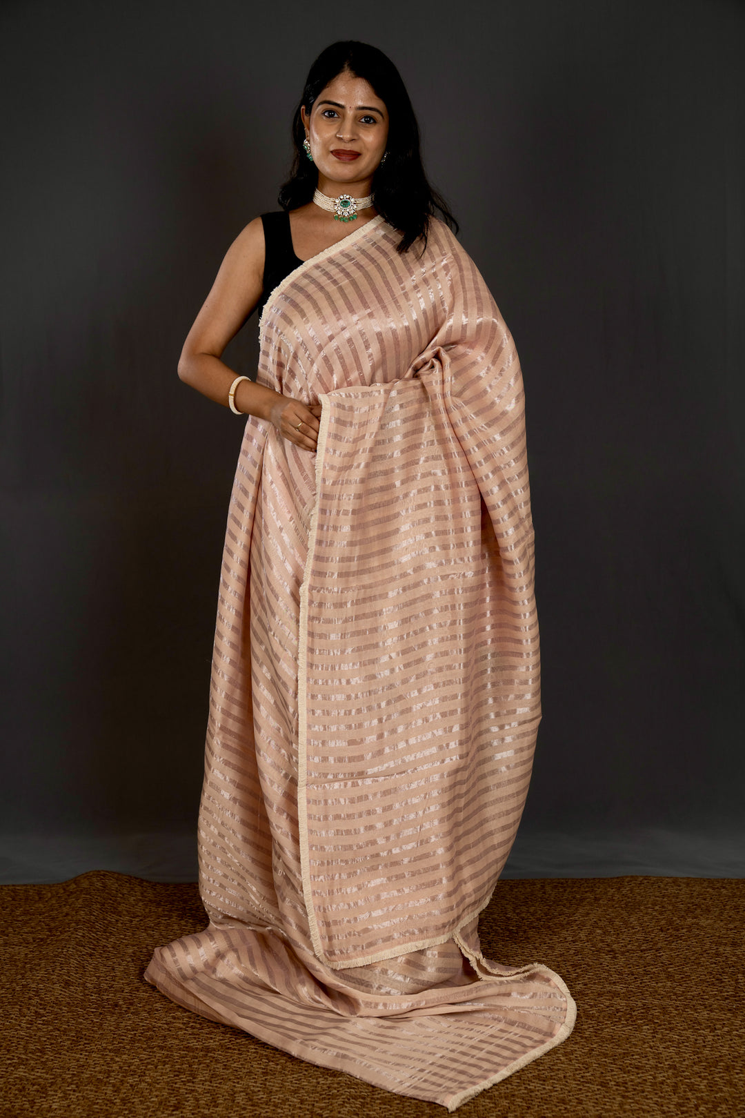 Handloom Pure Chanderi Silk Saree in Champagne Blush with Silver Zari Stripes and Embroidered Floral Blouse