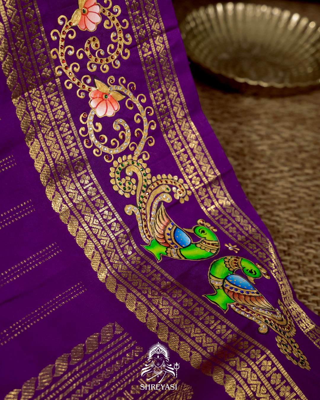 Handloom Pure Kanjivaram Silk Saree in Real Zari with Tanjore Mayil and Kamalam Artwork