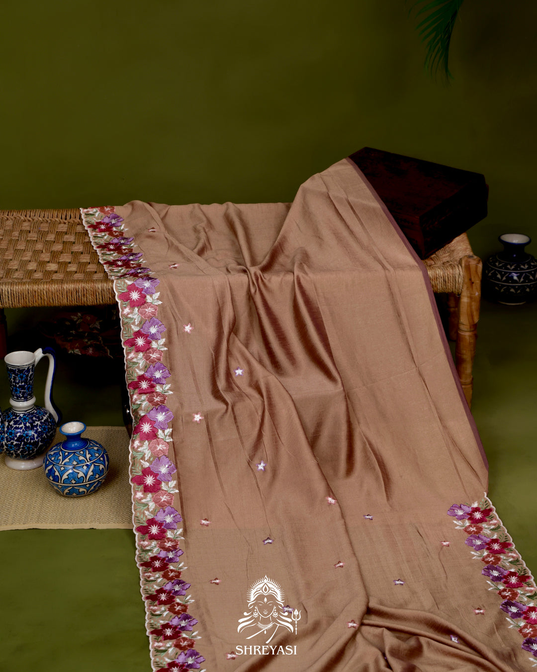Tussar Silk Saree with Resham Floral Embroidery Border