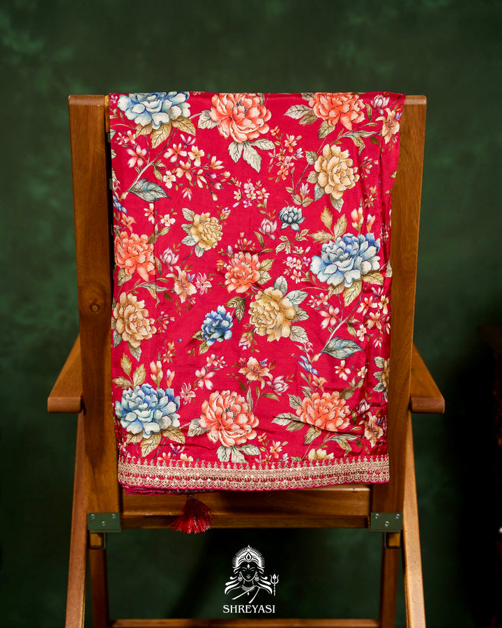 Floral Crepe Chiffon Saree with Embroidered Borders