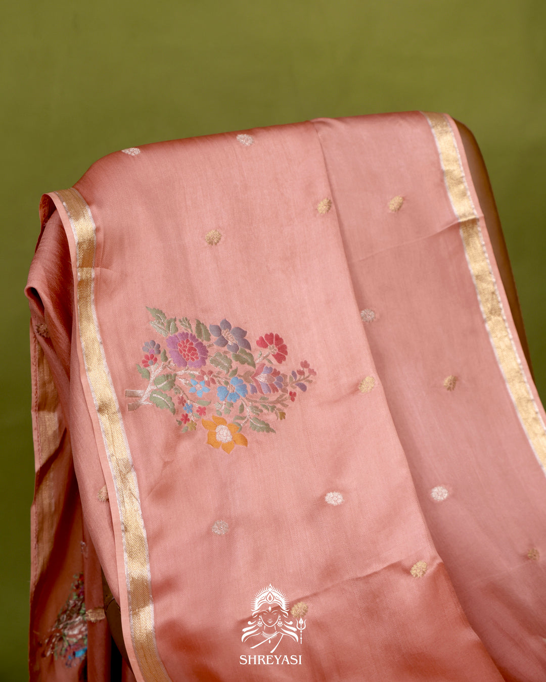 Handloom Pure Mashru Silk Saree with Sona Rupa Meenakari Bhutis and Nakshi Pallu