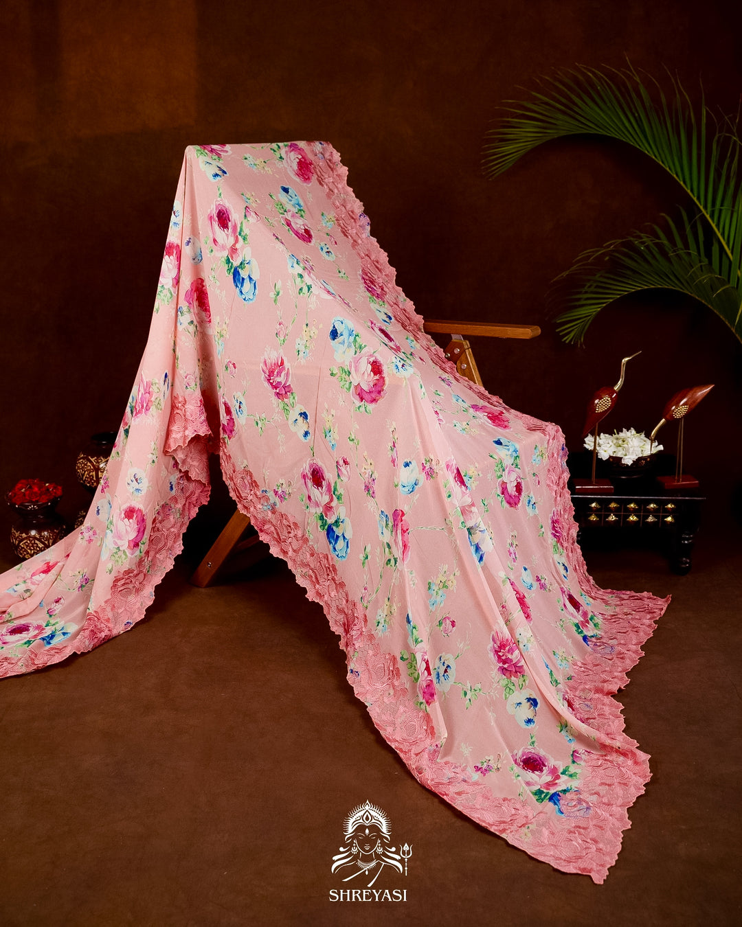 Pure Georgette Floral Saree with Chantilly Lace Embroidery Border