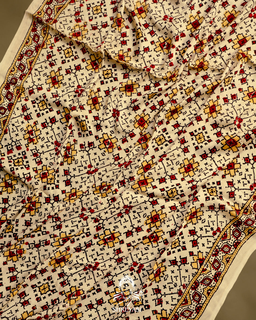 Pure Modal Gaji Silk Lagdi Patta Ivory Red Ajrakh Saree in Natural Dyes