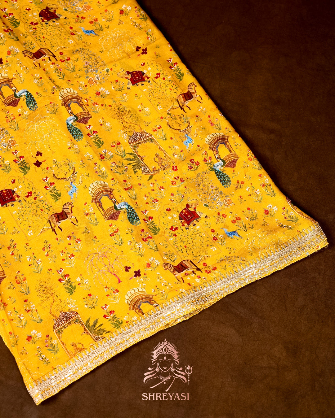 Mughal Garden Print Crepe Chinon Saree with Embroidered Border