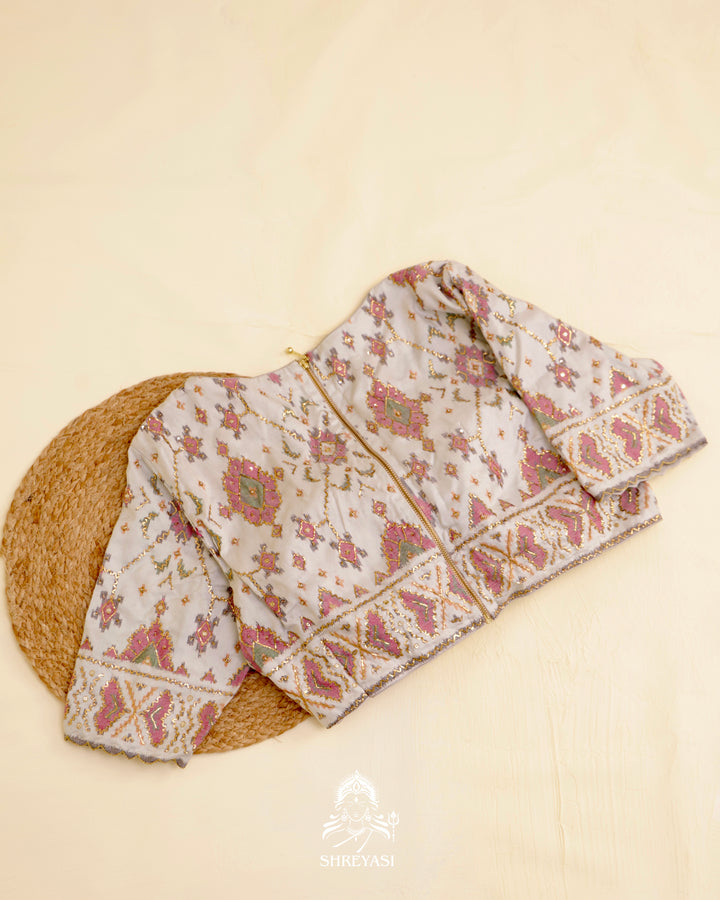 Rajkot Patola single ikat silk blouse with geometric motifs and pita embroidery