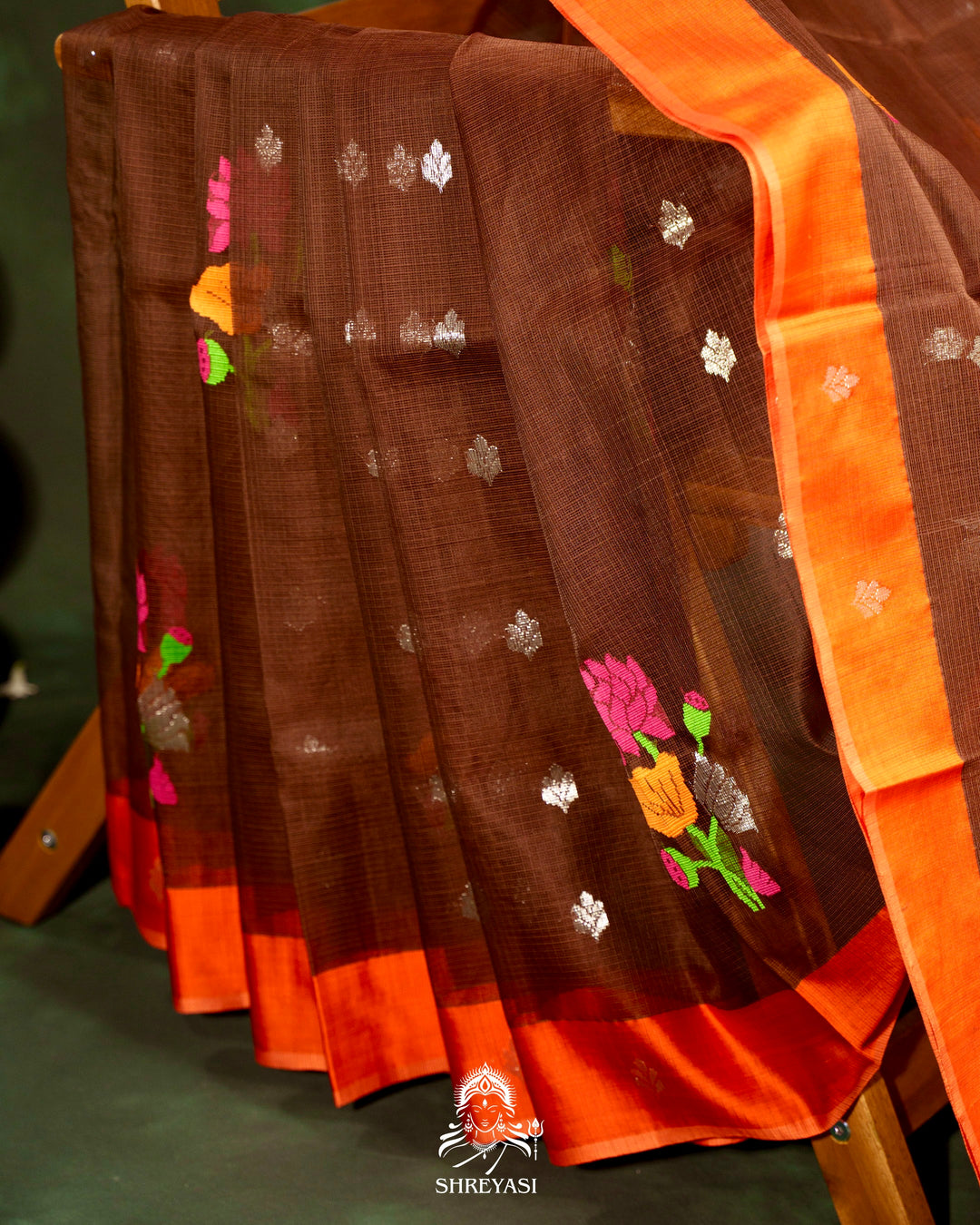 Chocolate Brown Handloom Pure Zari Kota Saree with Orange Contrast Blouse