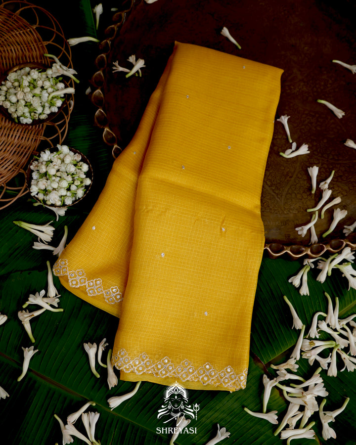 Handloom Pure Tussar Kota Saree with Scalloped Pitta Embroidery Border