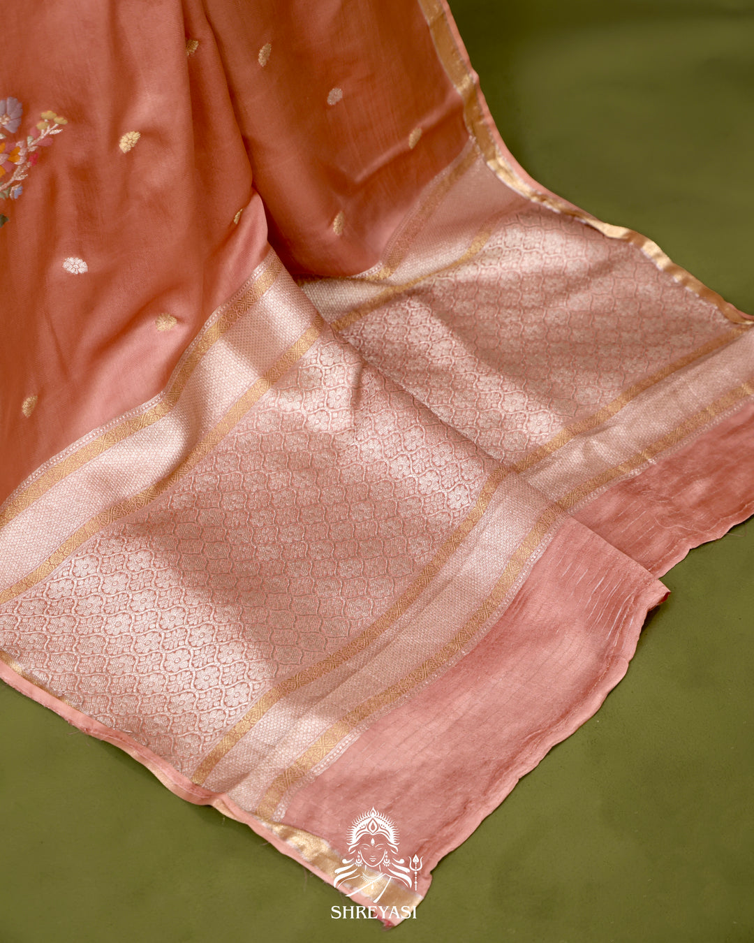 Handloom Pure Mashru Silk Saree with Sona Rupa Meenakari Bhutis and Nakshi Pallu