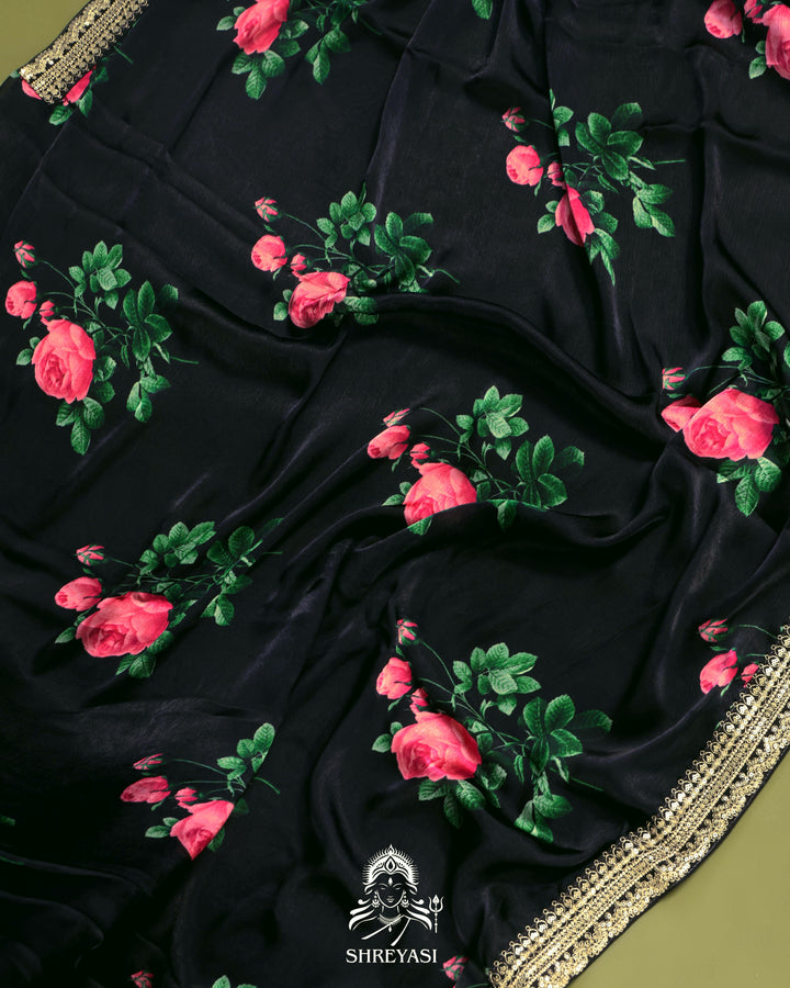 Black Chinon Satin Floral Saree with Embroidered Border