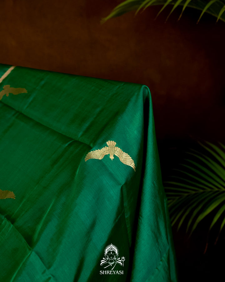 Handloom Pure Chanderi Pattu Silk Saree in Emerald Green with Bird Motifs