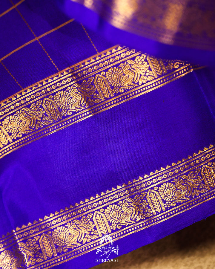 Handloom Pure Kanjivaram Silk Saree in Royal Blue with Kattam Checks and Traditional Zari Borders