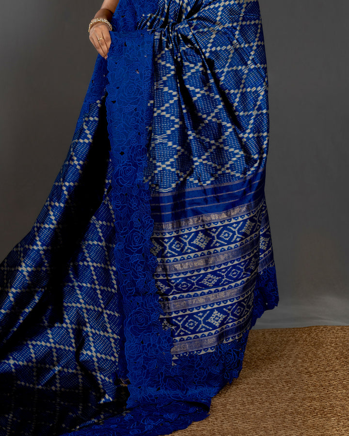 Handloom Pure Patola Silk Saree with Scalloped Floral Appliqué Embroidered Borders