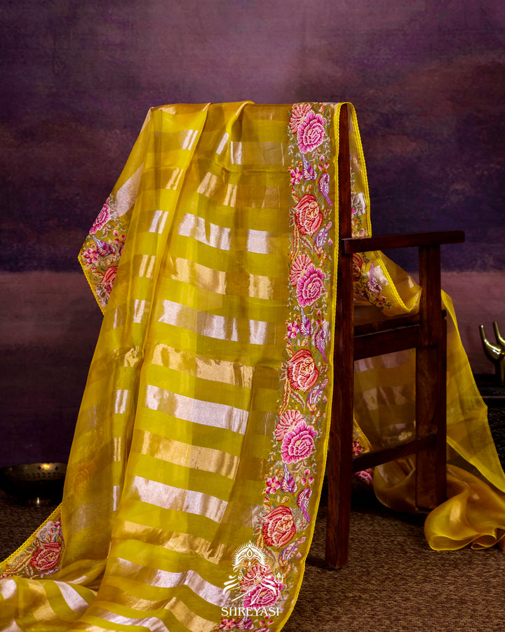 Pure Tissue Silk Saree with Zari Stripes and Petit Point Embroidered Borders