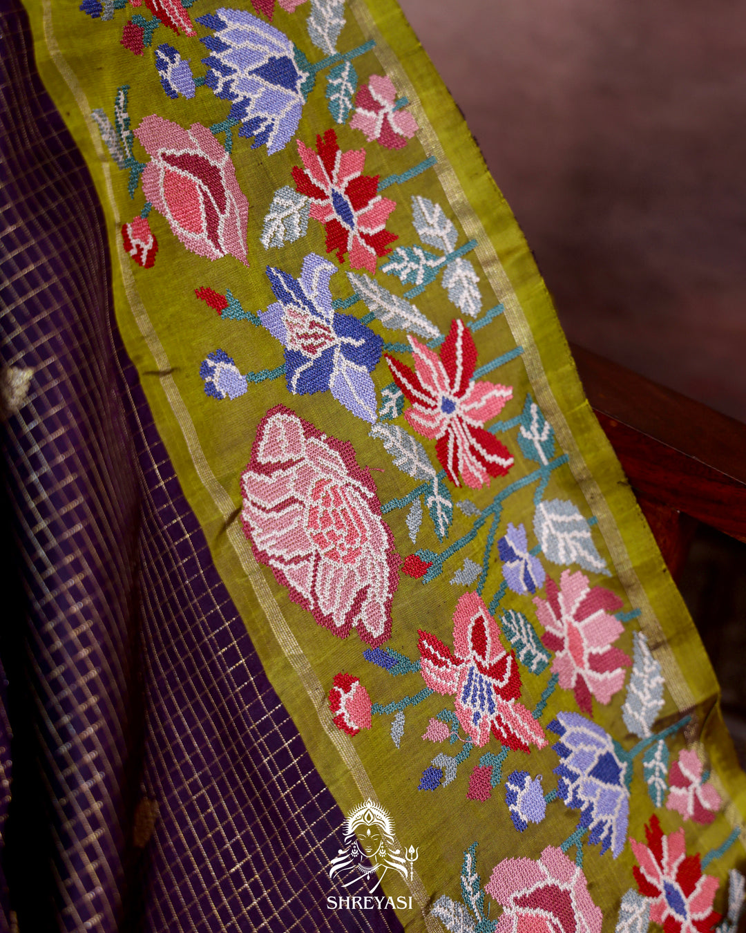 Handloom Pure Kanjivaram Silk Saree with Petit Point Embroidery
