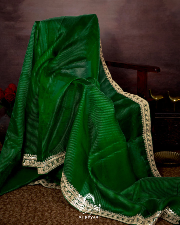 Pure Organza Silk Saree in Emerald Green with Embroidered Border