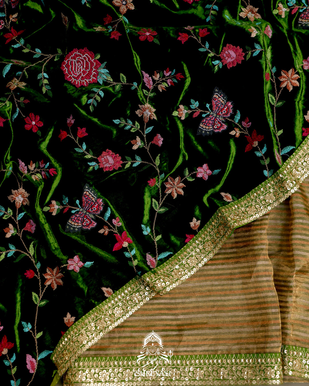 Banarasi Tissue Silk Half and Half Saree with Embroidered Borders and Petit Point Embroidered Velvet Blouse