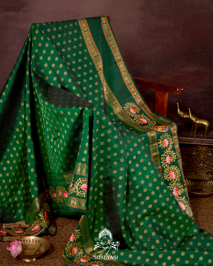 Handloom Pure Kanjivaram Silk Saree in Real Zari with Tanjore Kili and Kamalam Artwork