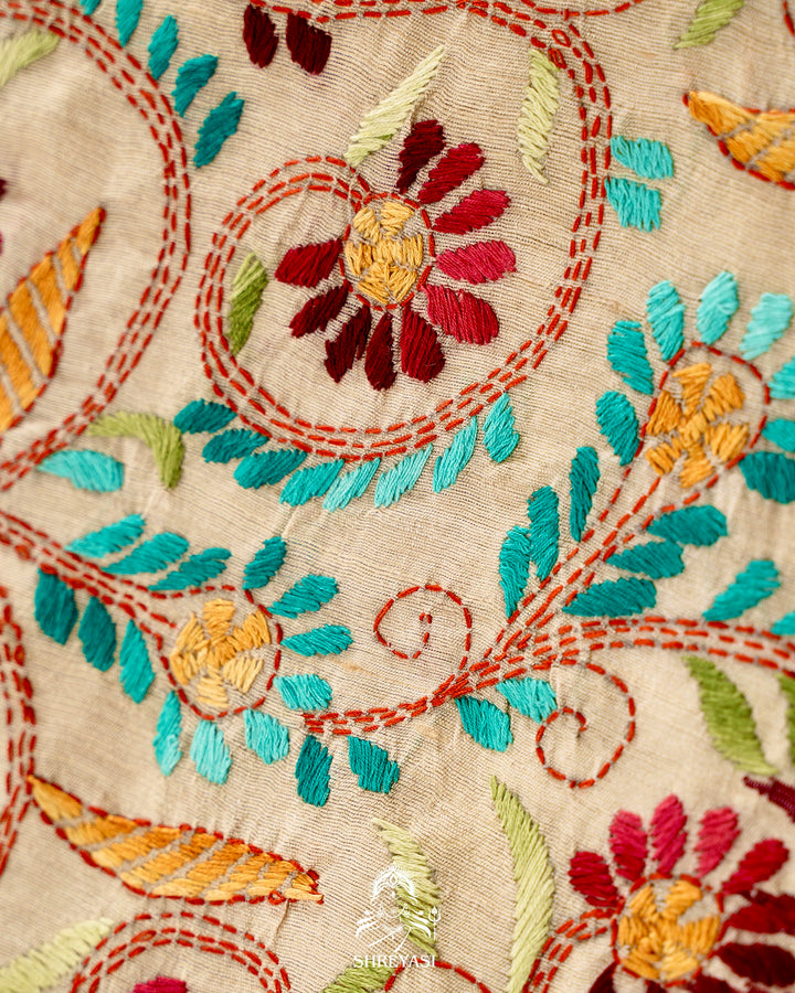 Handloom Pure Vidarbha Tussar Silk Saree with Karvati Kinar Border and Kantha Embroidery