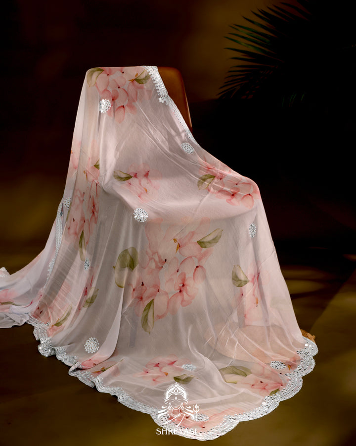 Floral Chiffon Georgette Saree with Scalloped Mirror Embroidery