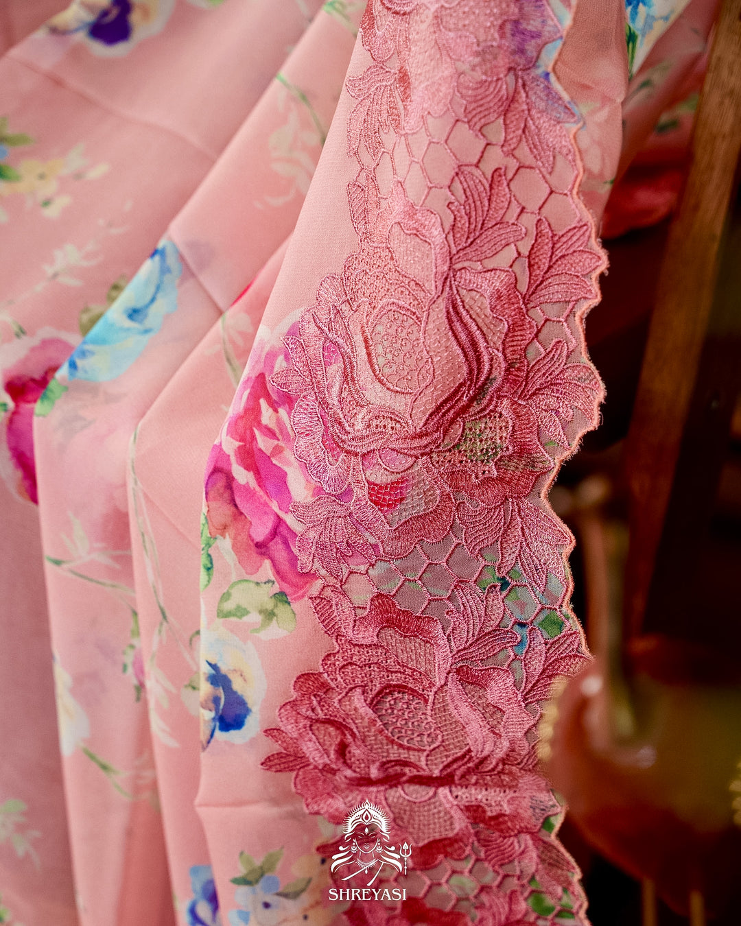Pure Georgette Floral Saree with Chantilly Lace Embroidery Border