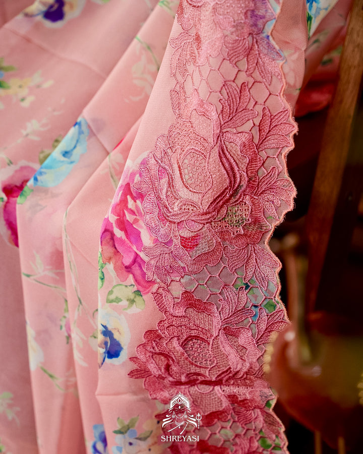 Pure Georgette Floral Saree with Chantilly Lace Embroidery Border