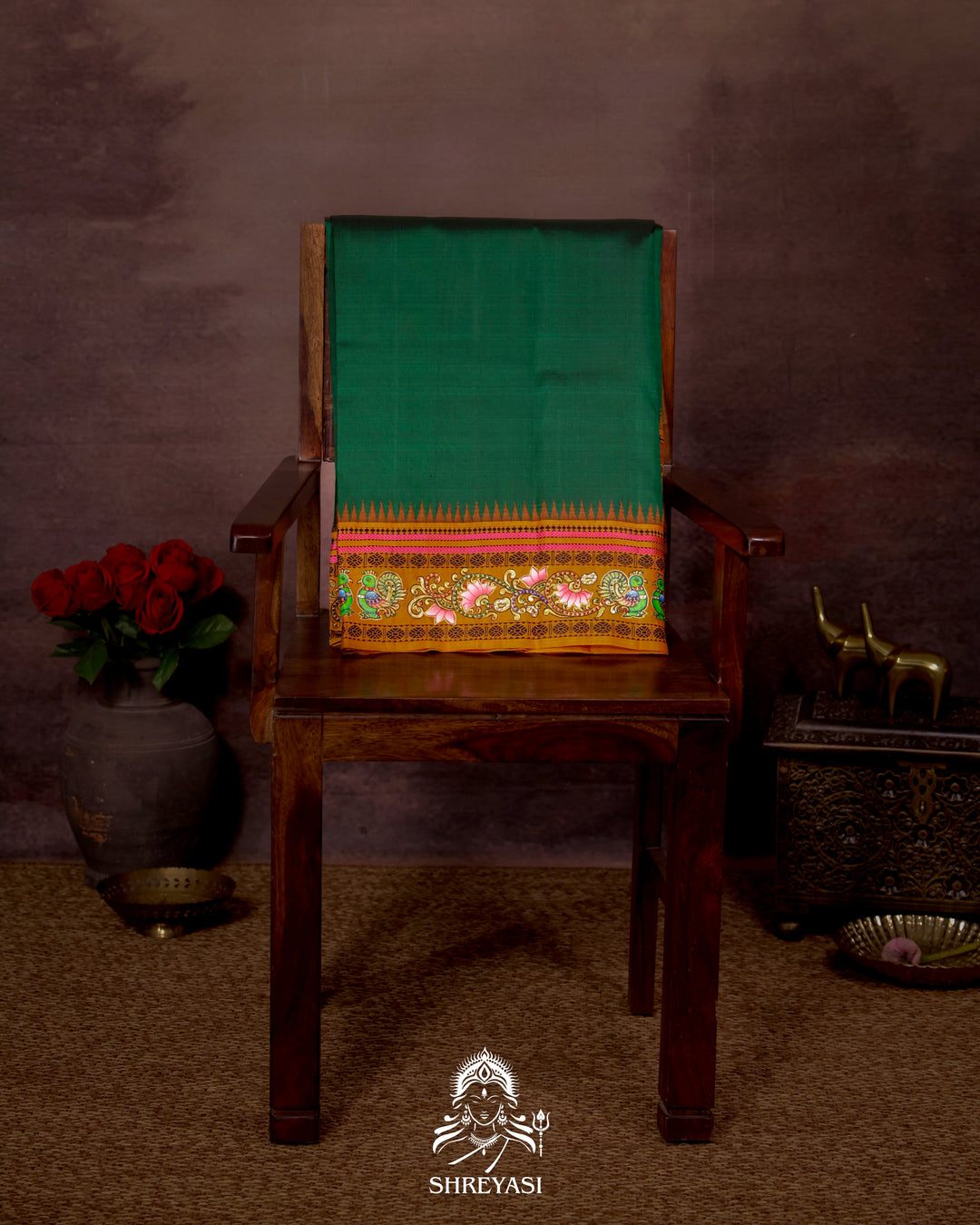Handloom Pure Kanjivaram Silk Saree in Real Zari with Tanjore Mayil and Kamalam Artwork