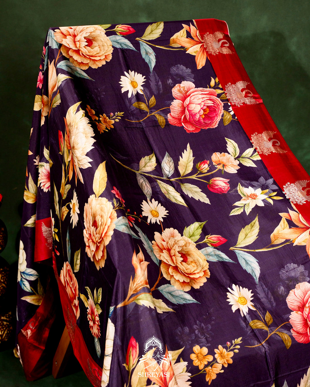 Handloom Pure Banarasi Silk Saree with Floral Print and Mashru Border