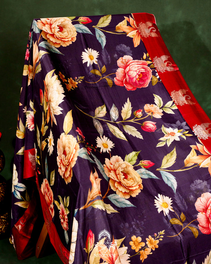 Handloom Pure Banarasi Silk Saree with Floral Print and Mashru Border