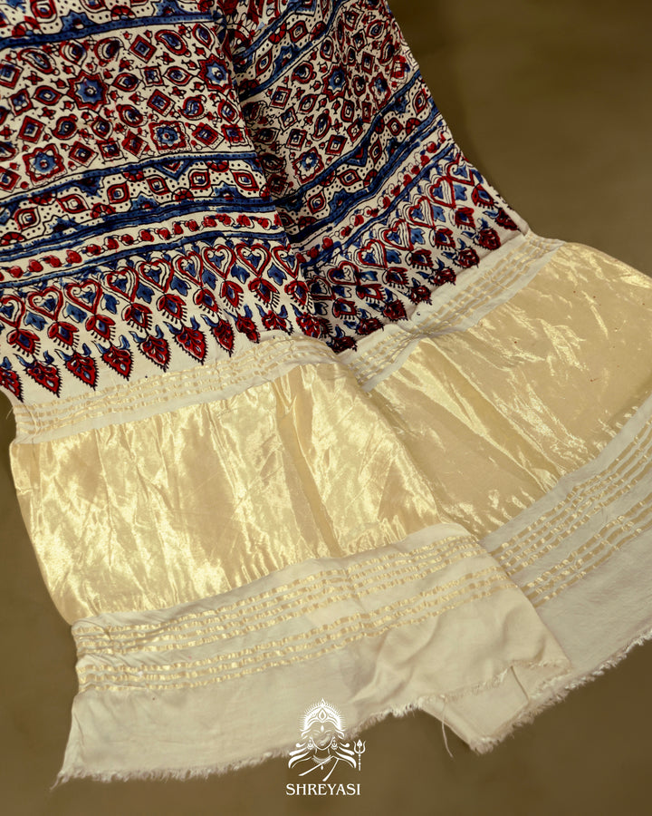 Pure Modal Gaji Silk Lagdi Patta Ivory Blue Ajrakh Saree in Natural Dyes