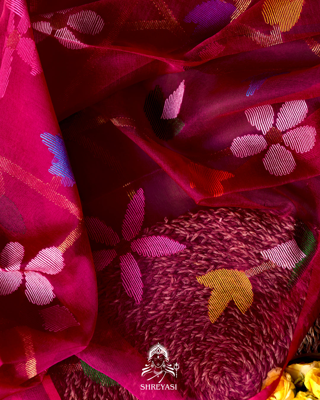 Handloom Pure Muslin Jamdani Saree in Full Jaal Needle Weaving