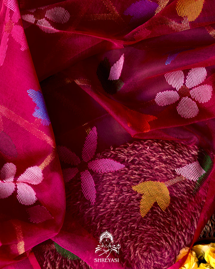 Handloom Pure Muslin Jamdani Saree in Full Jaal Needle Weaving