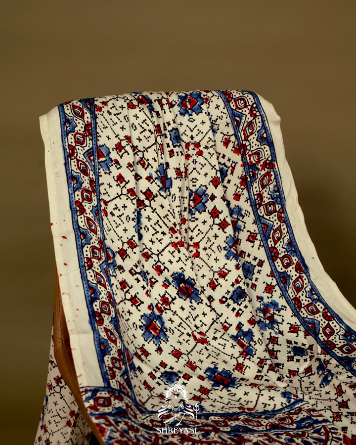 Pure Modal Gaji Silk Lagdi Patta Ivory Blue Ajrakh Saree in Natural Dyes