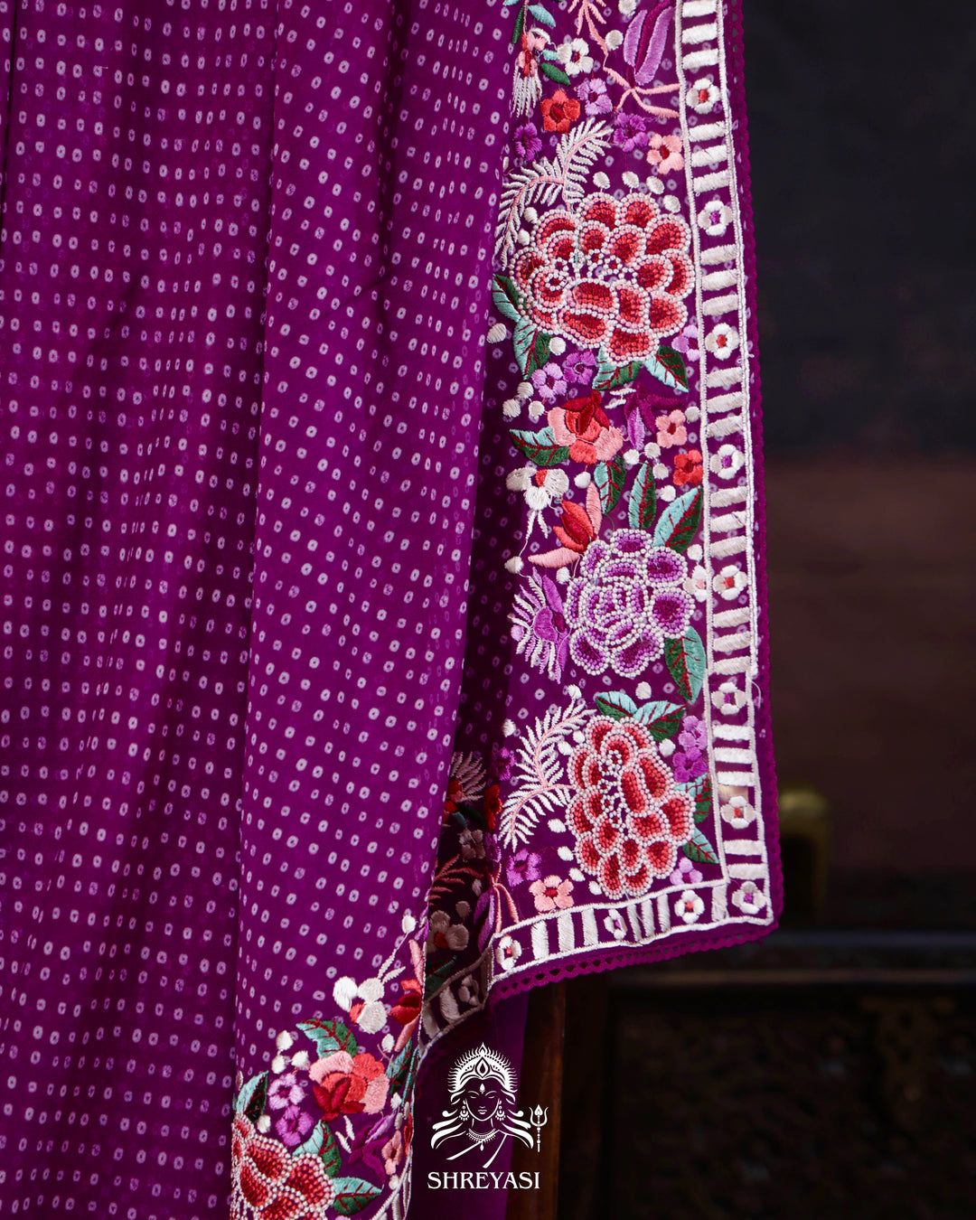 Pure Georgette Saree with Parsi Gara Style Embroidered Borders and Bandhej Body